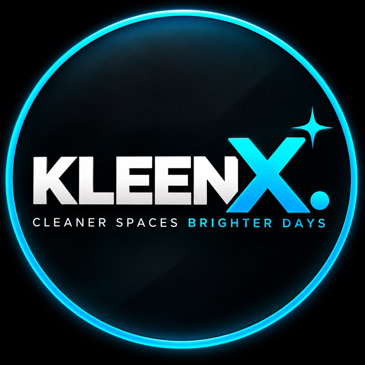 KLEENX logo with bright cyan circular glow